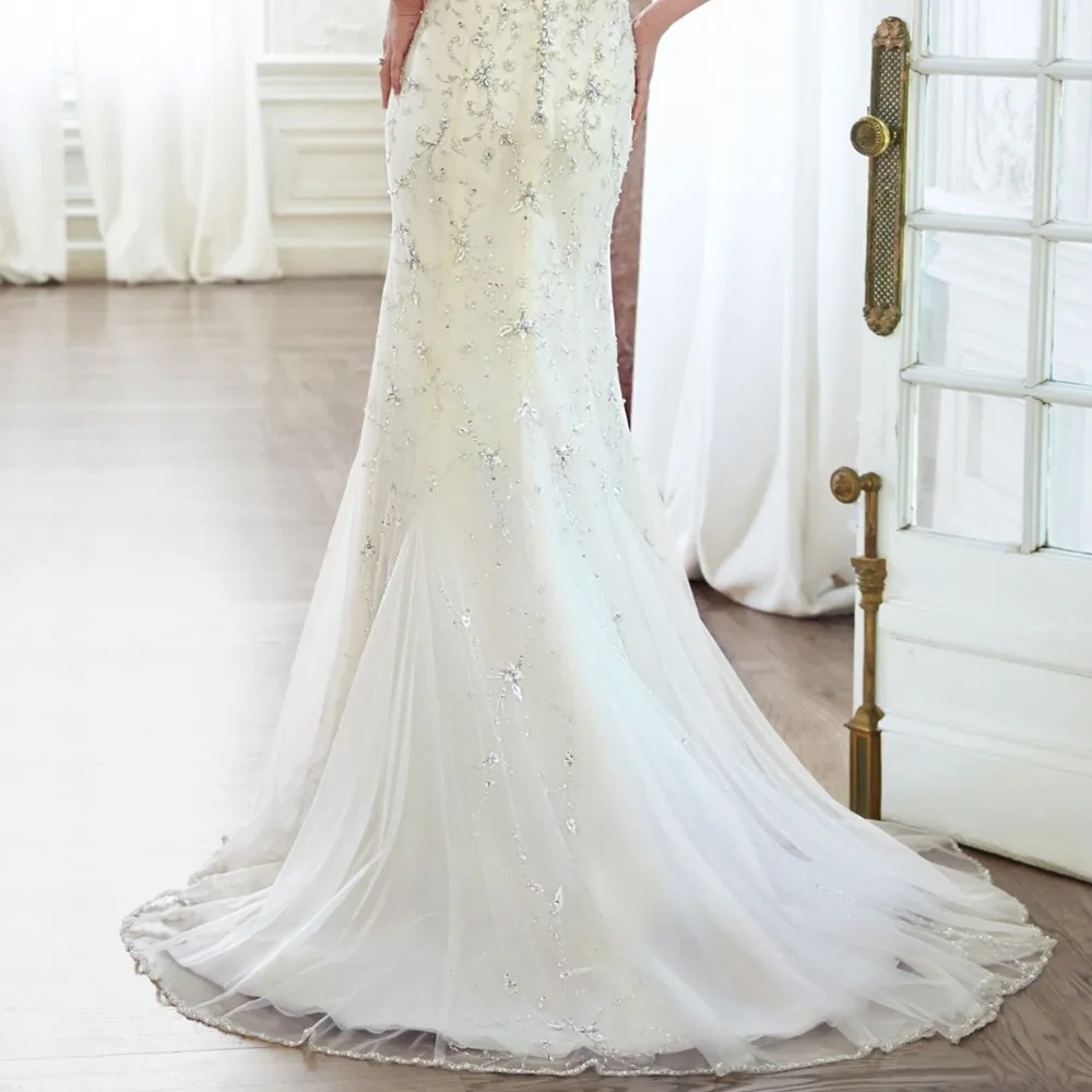 Сексуальный v образным вырезом спинки с коротким рукавом Sereia Vestido Noiva кристалл