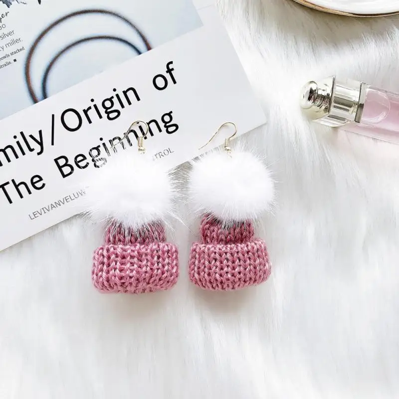 1 пара Новинка Для женщин Симпатичные Нечеткие Бал серьги мягкая зимняя вязаная