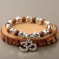 new classic natural wood beads bracelets for women meditation prayer sliver om pendant bracelet men wooden yoga jewelry