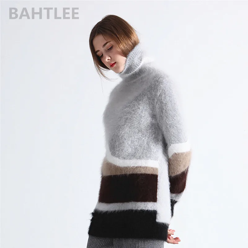 BAHTLEE Winter Women's Angora Turtleneck Knitted Pullovers Wool Jumper Sweater Hole Design Long Sleeves Keep Warm Looser | Женская