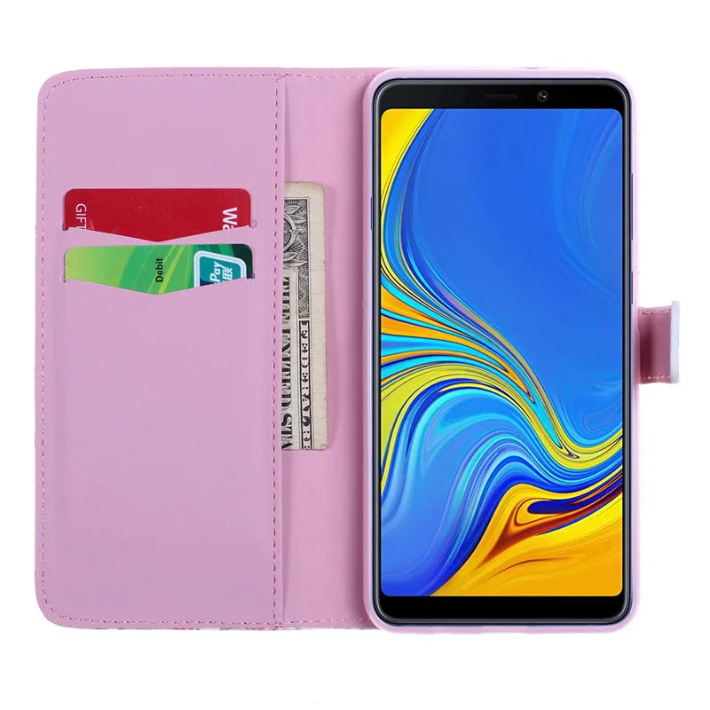Кожаный чехол книжка с откидной крышкой для Samsung A7 2018 Кошелек принтом бабочки и
