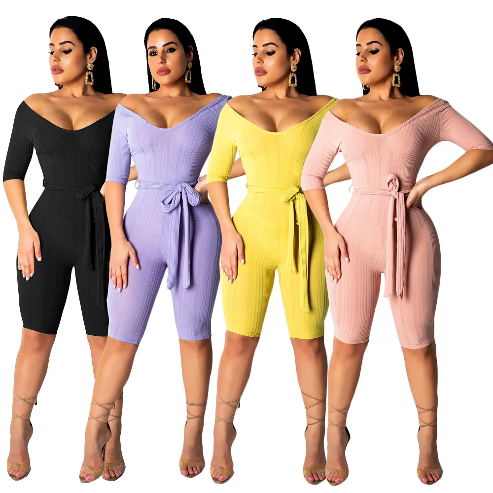 С открытыми плечами сексуальный короткий комбинезон женский пояс Bodycon половина
