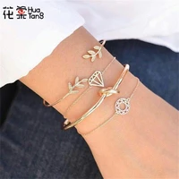 huatang fashion gold color knot open bangle multilayer geometric round star leaves bracelet set for women beach jewelry 6115