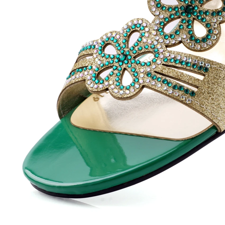 Высокое качество! Женские сандалии со стразами зеленого абрикосового синего