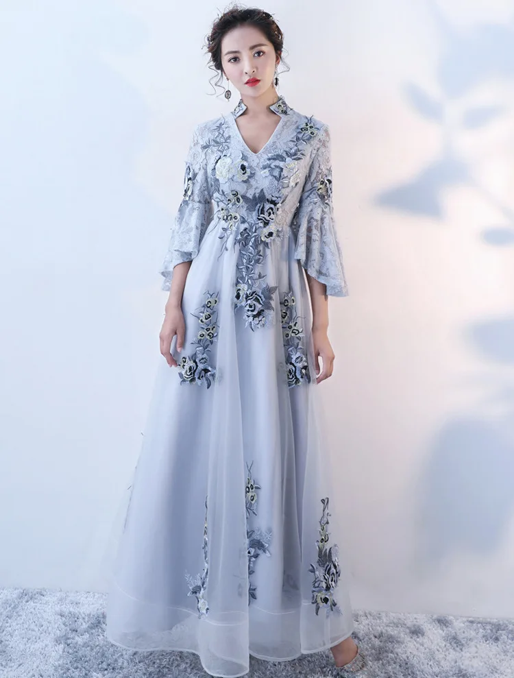 

2018 Chinese Traditional Dress Modern Qipao Dress Evening Dress Blue Cheongsam Sexy Long Qipoa Party Dresses Chino Tradicional
