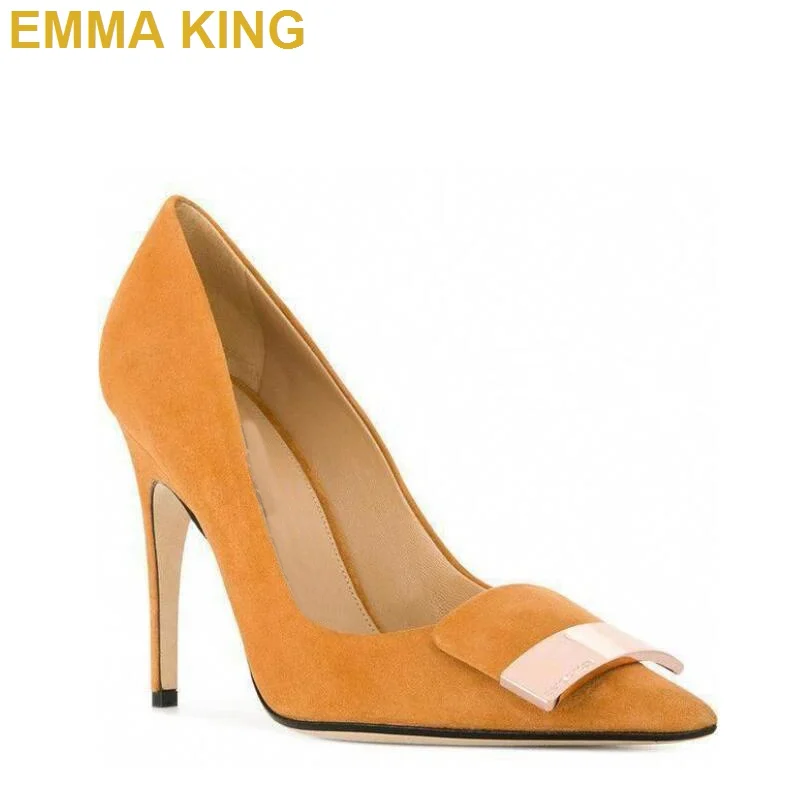 

Square Buckle Decor Pointed Toe Women Stiletto Pumps Sexy High Heels Yellow Suede Ladies Thin Heels Wedding Party Shoes Woman