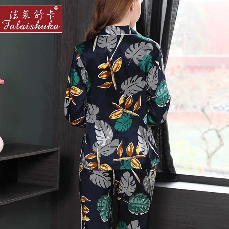 Womens 100% Silk Satin Pajamas Pyjamas Set 2019 Long Sleeve Sleepwear Suit Female Sleep Two Piece Set Loungewear Plus Size