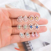 6 pairsset multicolored flower crystal stud earring set bohemian hollowed geometric brincos for women statement jewelry