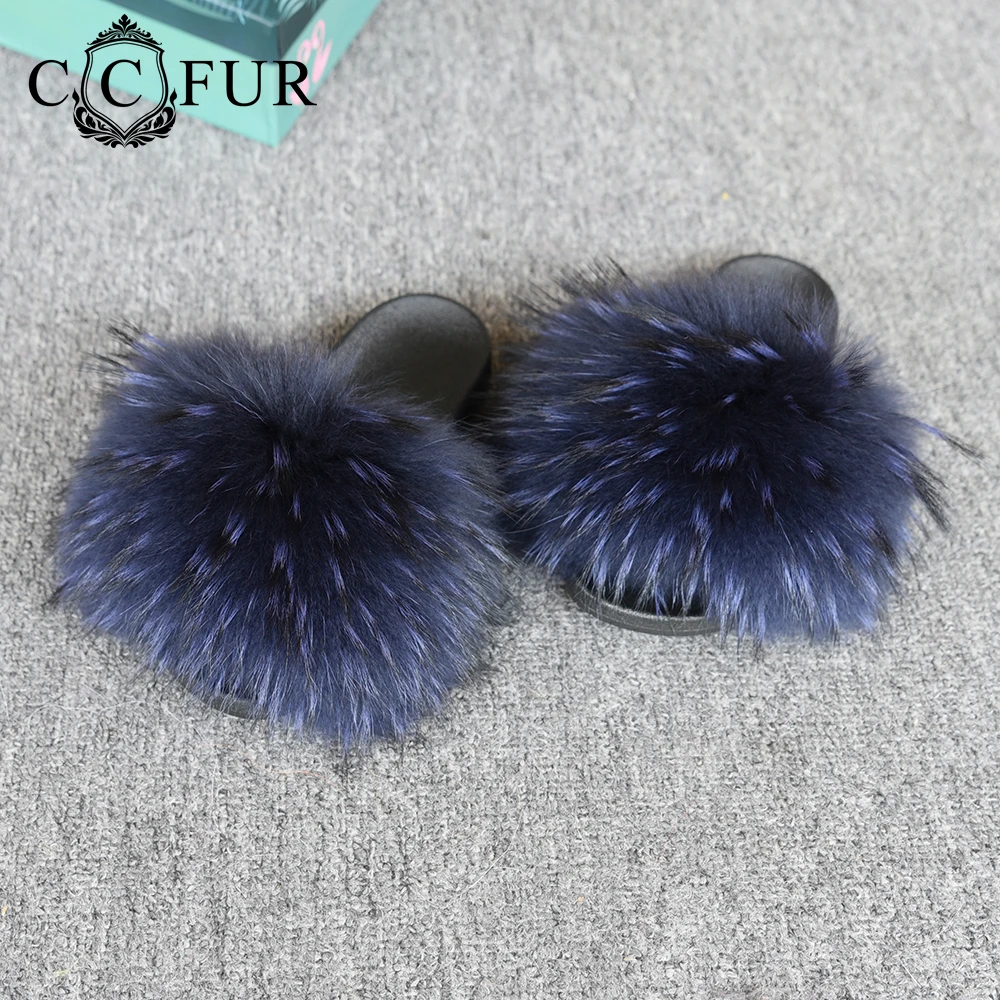 14 см; широкие меховые шлепанцы; Новинка; тапочки из натурального меха енота; женские Ползунки; сезон лето-осень; домашние тапочки наивысшего качества; S6047