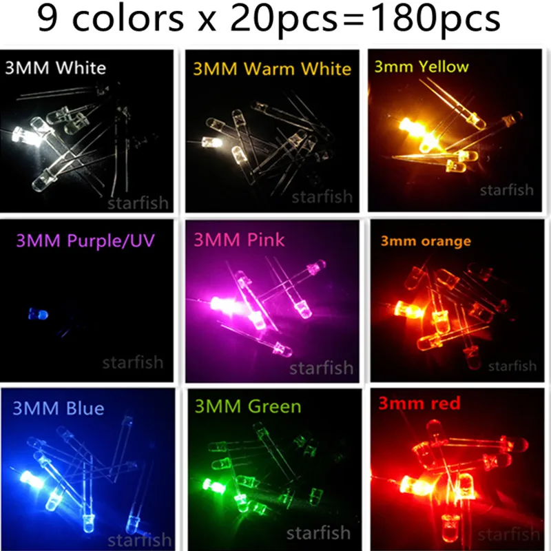 9 colors x 20pcs=180pcs led 3mm white-W/blue/red/yellow/green/warm white-WW/purple-UV/pink/orange F3 Short leg | Освещение