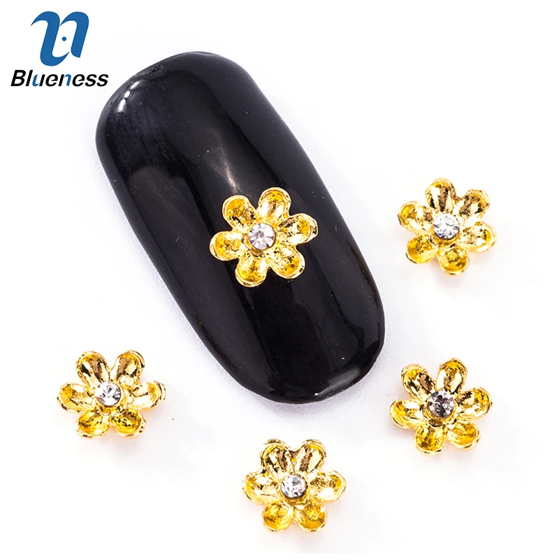 10 шт. Изысканный металла золота маленький цветок со стразами Дизайн ногтей