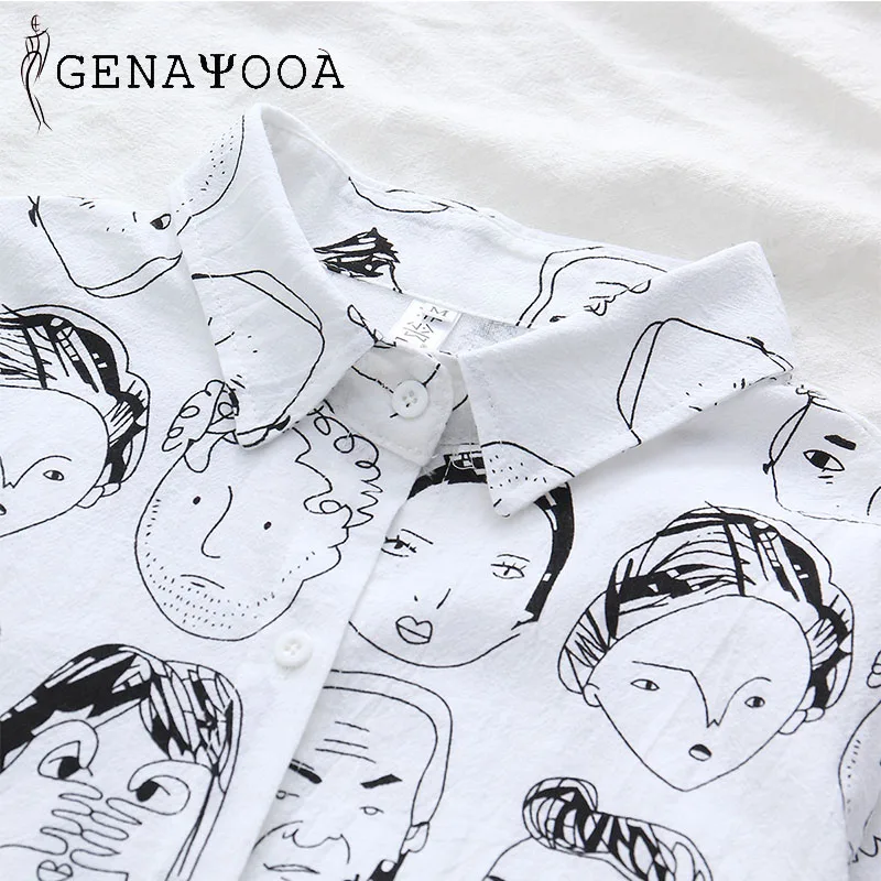 Женская блузка с абстрактным принтом белая хлопковая отложным воротником