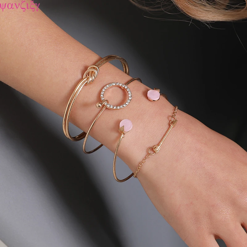 

YANZIXG 4 Pcs/ Set Classic Arrow Knot Round Crystal Gem Multilayer Adjustable Open Bracelet Set Women Fashion Party Jewelry Gift
