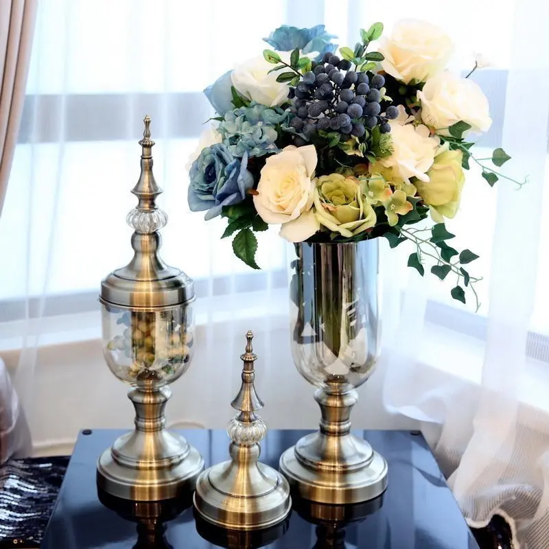 

Europe Creative metal Glass flower vase home decor crafts room decoration objects parlor Artificial flower vase office ornaments