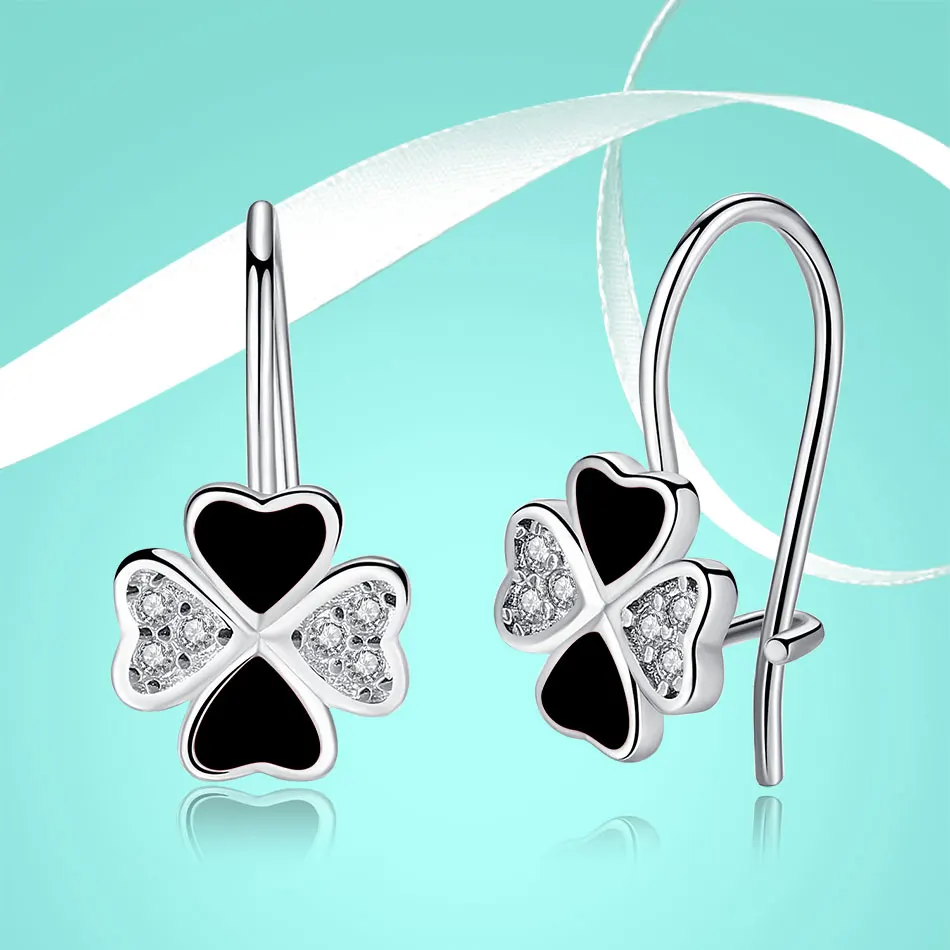 Wholesale 925 Sterling Silver Hoop Earrings Black Enamel Four-leaf clover Hoop Earrings For Women Silver Jewelry Gift