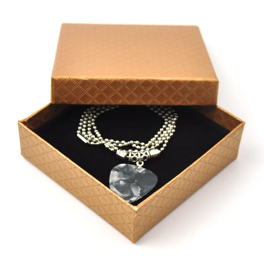 

Pearl Black Guitar Pick Plectrum Tibetan Silver 24'' Necklace 2.4mm Bead Chain With Gift box
