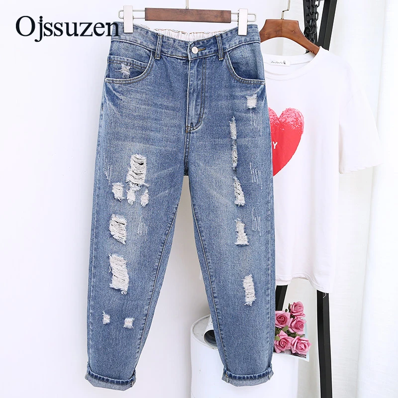 

Fashion Torn Jeans Women's Plus Size XL 5XL Ladies Ripped Jeans Washed Blue Elastic Waist Loose Woman Jeans Korean Style