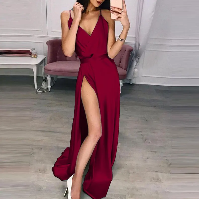 Red wine Liva girl женское длинное шелковое платье, Дамское однотонное платье с v-образным вырезом и высокой талией, Платья для вечеринок, летнее сексуальное Макси-Платье на бретельках - Цвет: Red wine