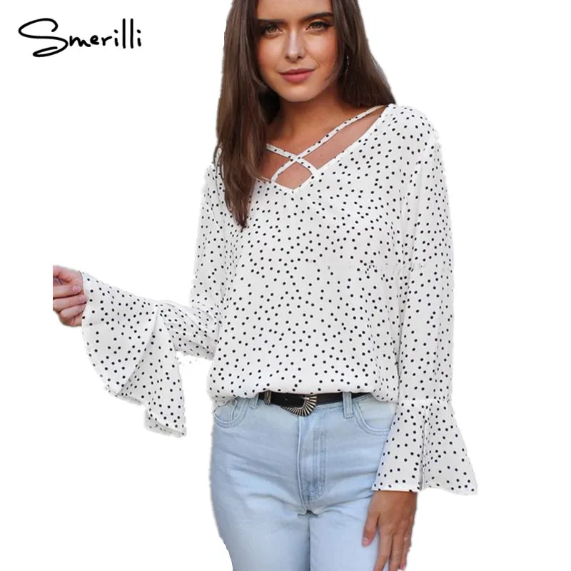 Big V-neck Dot Print Blouse Women Autumn Chiffon Flare Sleeves Blouses Long Puff Female Shirts Elegant Tops Women's Wear |