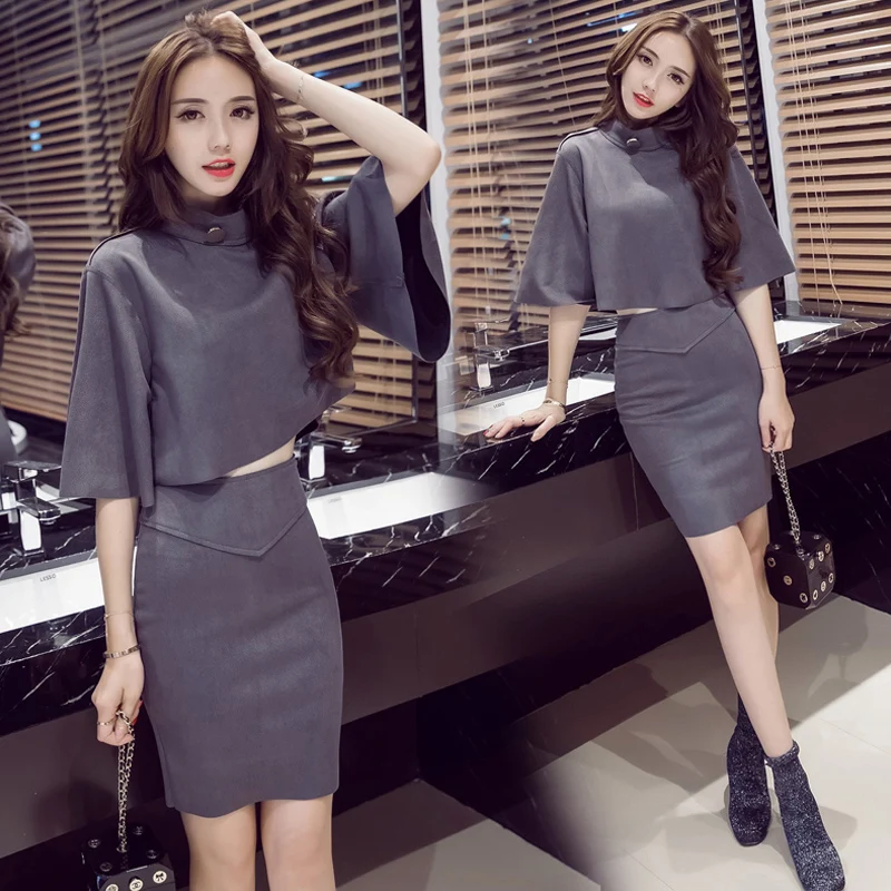 Hot Sale 2021 Autumn Three Quarter Turtleneck New Women's Suit Skirt Fashion Deer Suede Female Women Two Piece Outfits 2 Set |