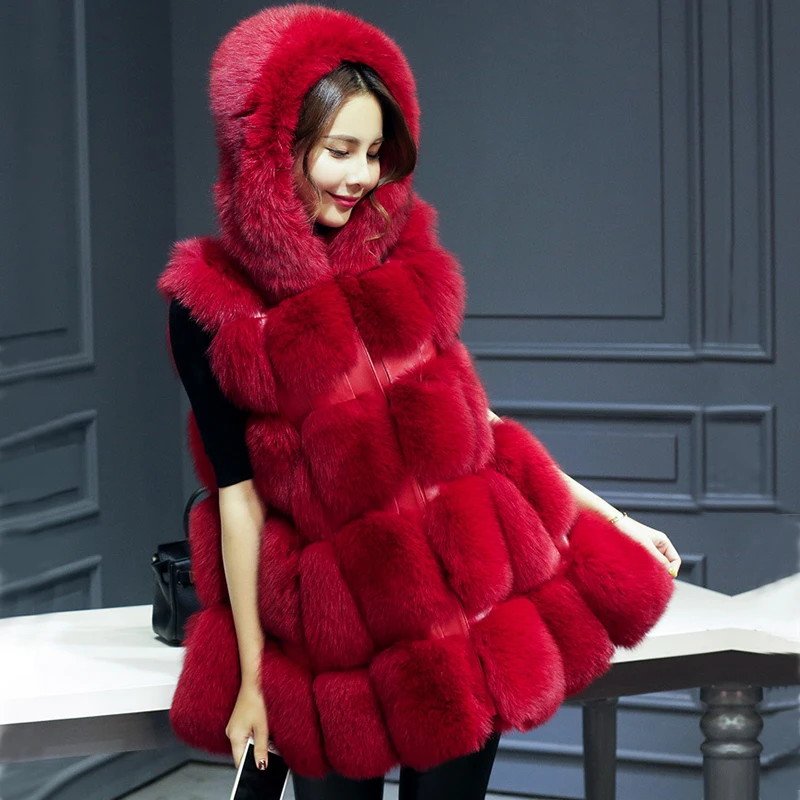 Red Fur Vest Plegie Высококачественный меховой жилет с капюшоном пальто из искусственного меха для женщин зимняя верхняя одежда квадратная куртка из искусственного меха с карманами меховое пальто с капюшоном - Цвет: Red Fur Vest