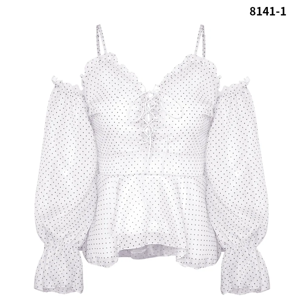 Женская шифоновая блузка в горошек с V-образным вырезом и рукавами-фонариками |