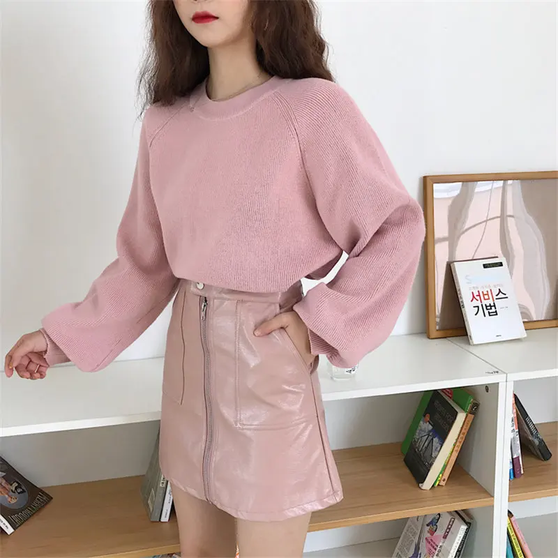 Alien Kitty Pink All Match PU Leather Zipper Pocket Women Slim Skirts High Waist Mini A-line Solid Simple Sexy Fresh | Женская одежда