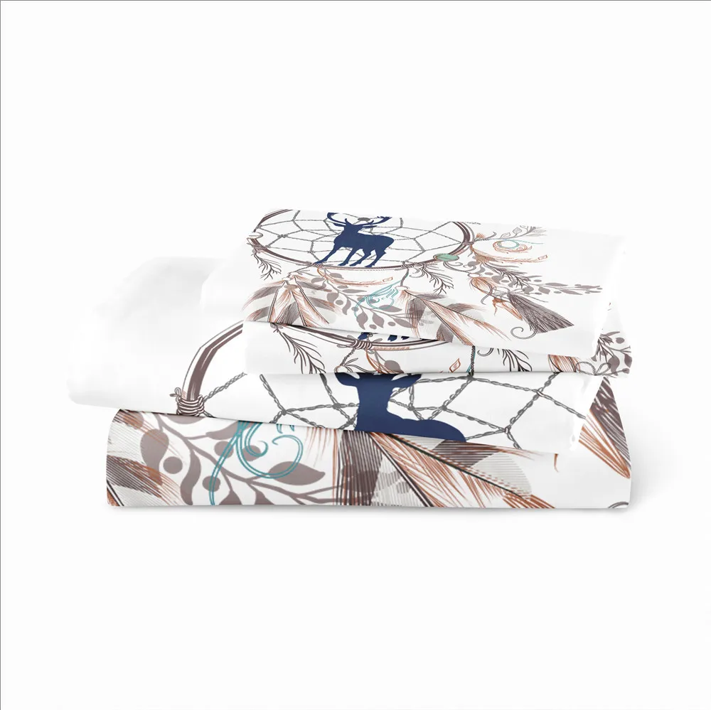 

3Pcs Dream Catcher Bedding Set Boho Feather Print Duvet Cover Set Cartoon Deer Printed Bed Cover Pillowcase White Bedclothes A25
