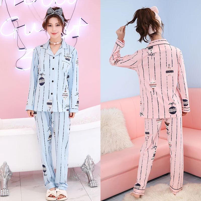 Korean women pajamas cotton long sleeved cardigan in spring and autumn sweet Home Furnishing suit | Женская одежда