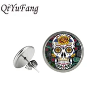 qiyufang fashion colorful sugar skull glass cabochon women stud earrings men women day of the dead jewelry new holiday gifts