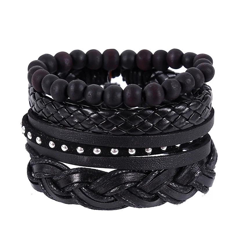 4pcs/set hippie punk classic all black rivet charm leather knots wrap wide Bracelets Bangles for man hand jewelry