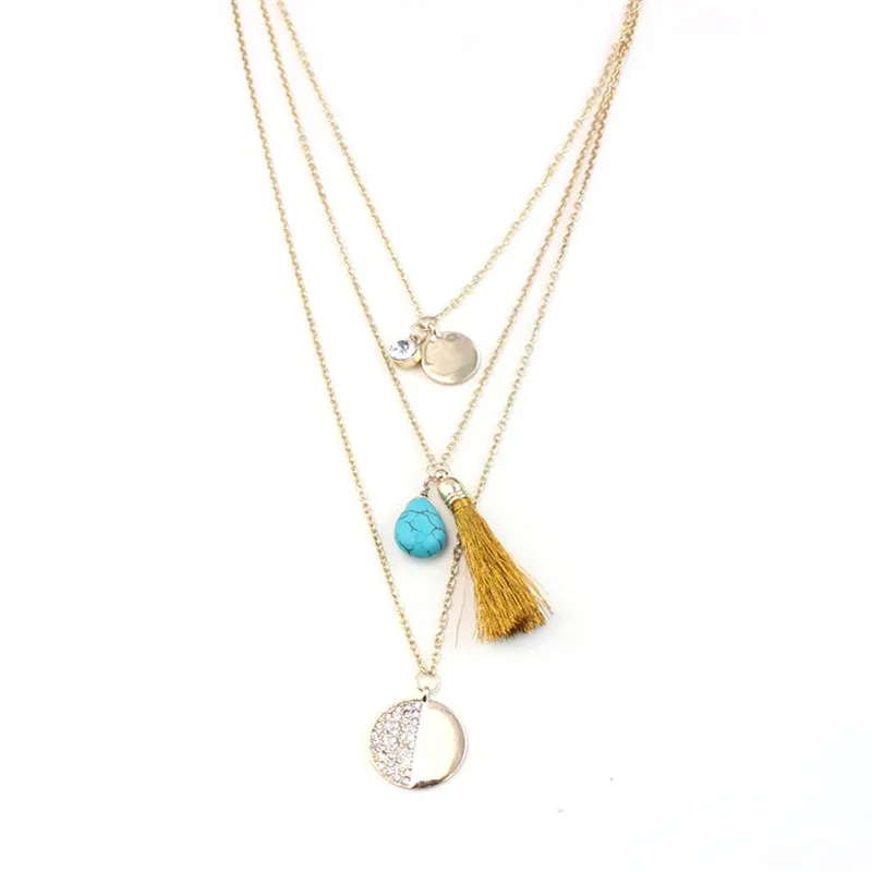 XQ 2015 free shipping Multilayer gold thread broken personality necklace Three layers of water droplets green pine | Украшения и