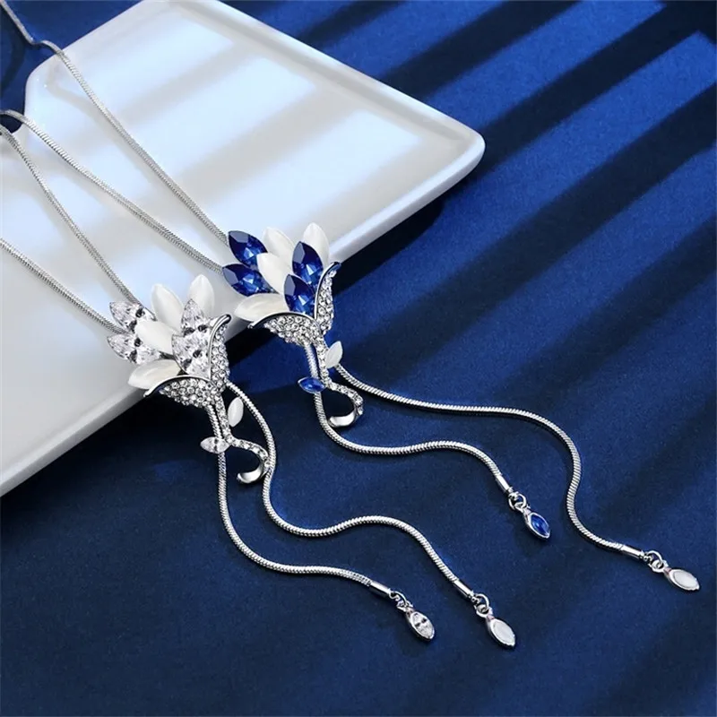 Lemon Value Fashion Statement Crystal Pendant Necklace Trendy Rhinestone Opal Long Sweater Chains Women Jewelry ZL240 | Украшения и