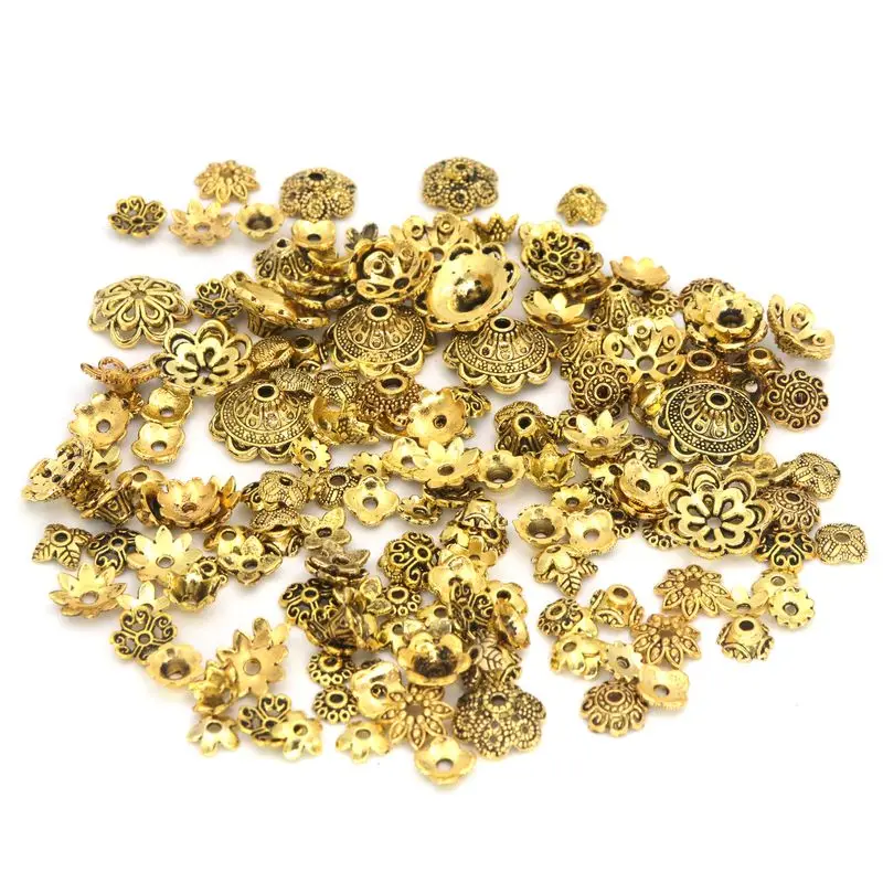 Antique Gold 150 шт Смешанные тибетские античные серебряные концевые колпачки для изготовления ювелирных изделий, рукоделие, аксессуары для рукоделия - Цвет: Antique Gold