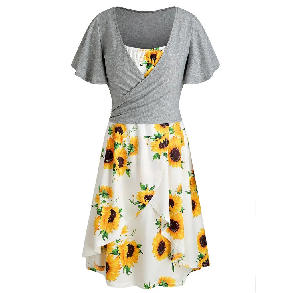 New women's short sleeved Bow Tie Blouse Sunflower Print Dress Suit Fashion Summer Girl Comfortable Dresses Casual|Женские платья| |