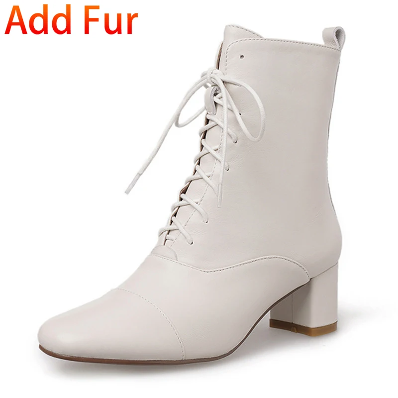 Milky white add fur SARAIRIS/ботильоны из натуральной кожи на шнуровке для зрелых женщин; коллекция года; модные ботинки с квадратным носком; Офисная Женская обувь на высоком каблуке - Цвет: Milky white add fur