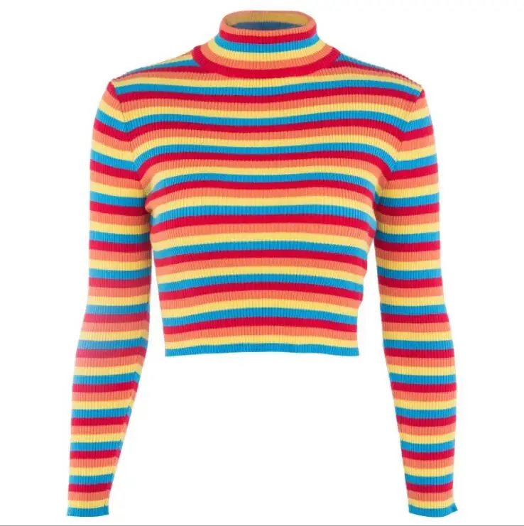 

Harajuku Fashion Turtleneck Women Rainbow Striped Multicolor Cropped Knit Short Pull Femme Women Pullover Tops SJ208V