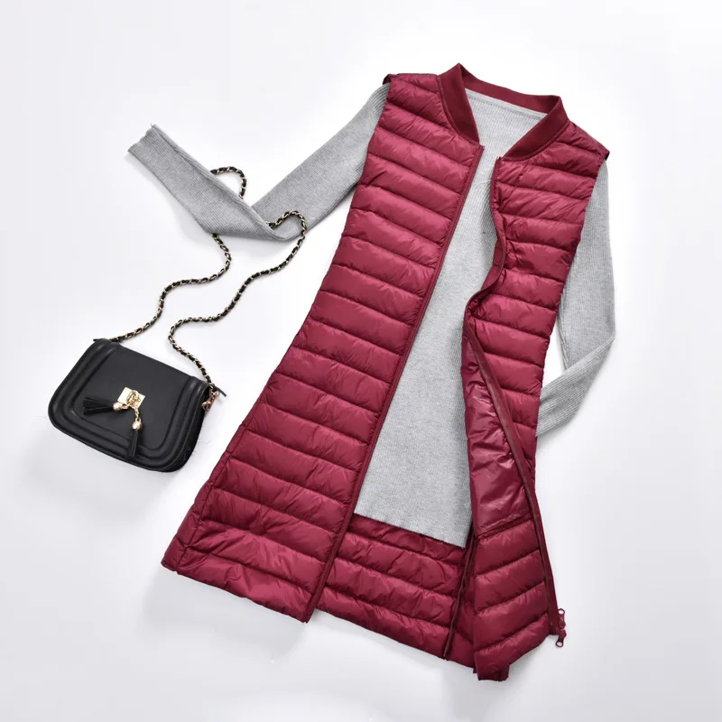 Wine Red Schinteon женский ультра-светильник жилет Повседневный бейсбольный длинный тонкий жилет осень зима Приталенный жилет Новое поступление - Цвет: Wine Red