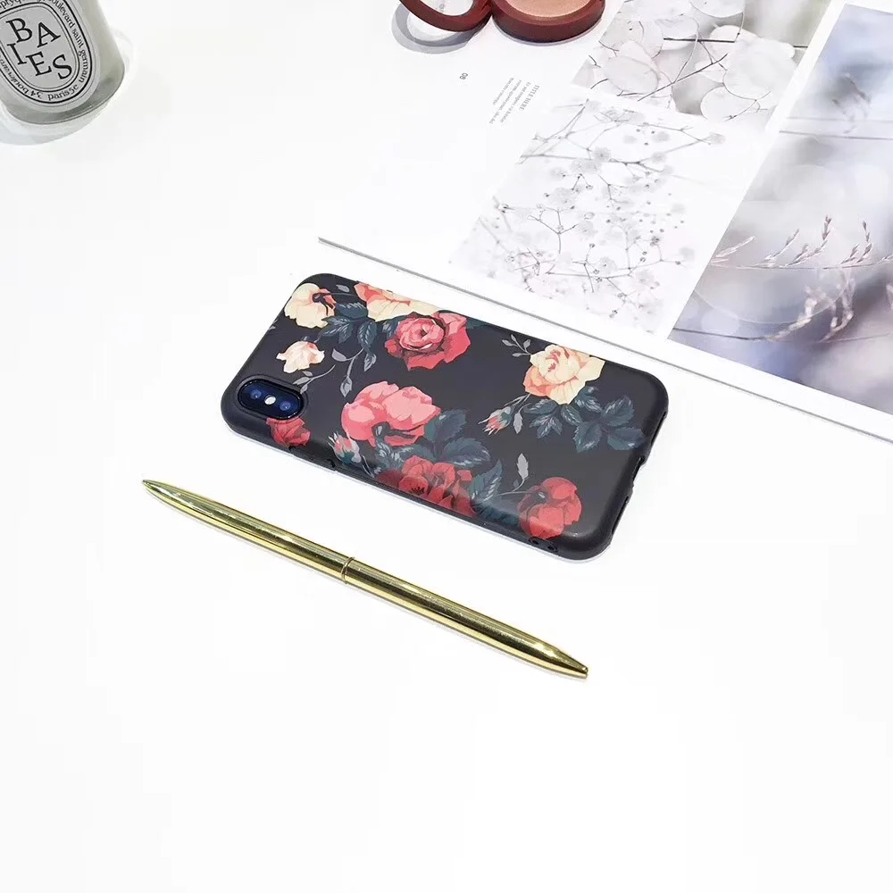 Retro Classical Red Rose Flower Phone Case for iphone6 6s 7 8 plus soft IMD Cover iphoneX |