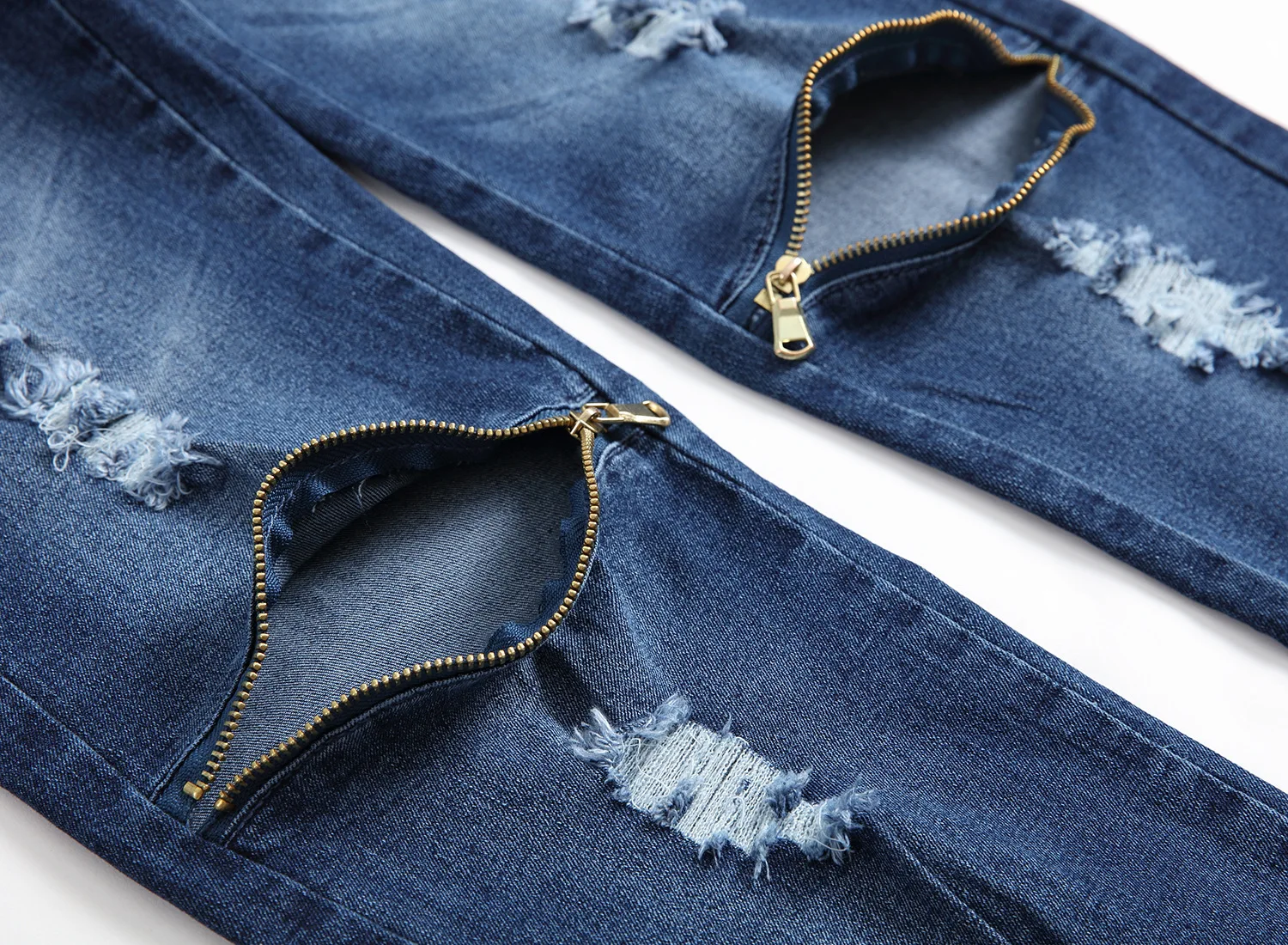 2018 spring and autumn new high street men's character holes zipper blue jeans stretch slacks | Мужская одежда