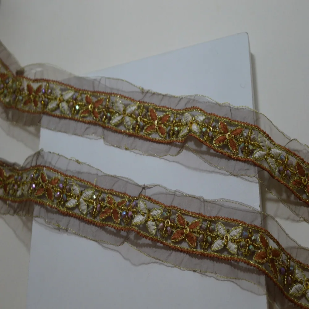 

1meter/lot 4.5cm width brown beads Embroidery DIY lace trim for garments and wedding decoration-19012601