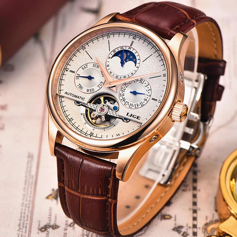 

2023 LIGE Brand Men Watches Automatic Mechanical Watch Tourbillon Sport Clock Leather Casual business Wristwatch Relojes Hombre