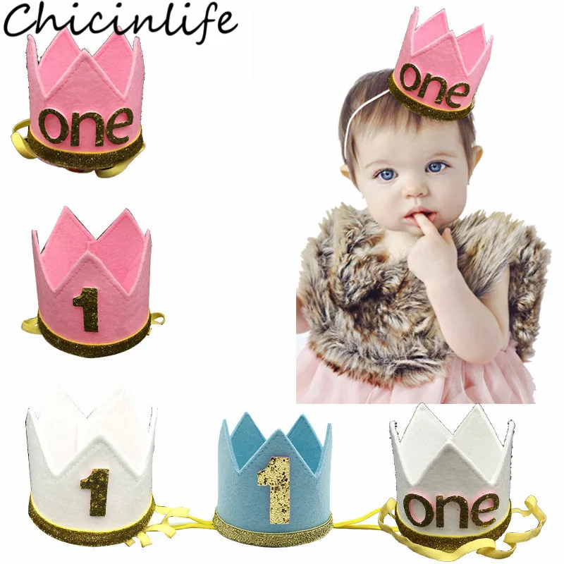 

Chicinlife 1Pcs Blue/Pink/White 1 Years Old Birthday Crown Headband Baby Shower Boy Girl 1st Birthday Party Hat Decor Supplies