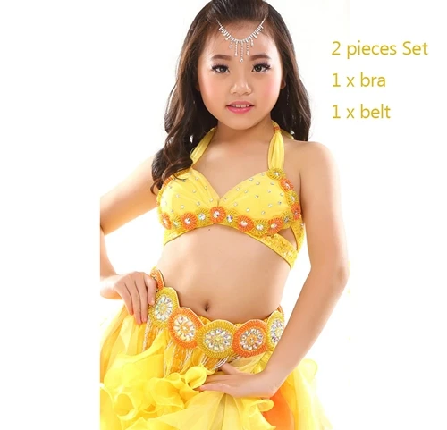 Gold bra belt Детская одежда для танца живота высшего класса, 3 предмета, Восточный Костюм, бюстгальтер, пояс, юбка для девочек, костюм для танца живота, профессиональный комплект - Цвет: Gold bra belt