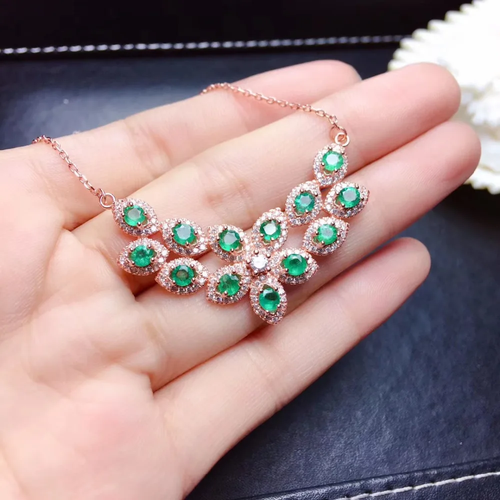 

Natural green Emerald gem necklace S925 silver natural gemstone necklace Elegant row Flower woman party jewelry gift jewelry