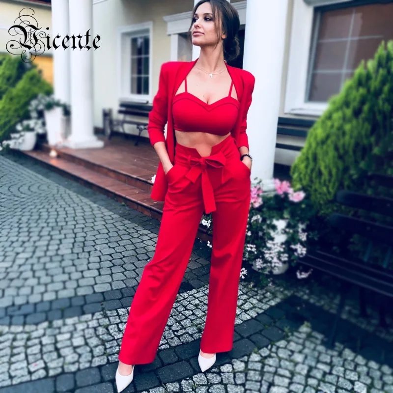 Vicente 2019 новый модный костюм из 3 предметов с длинными рукавами и поясом Женская