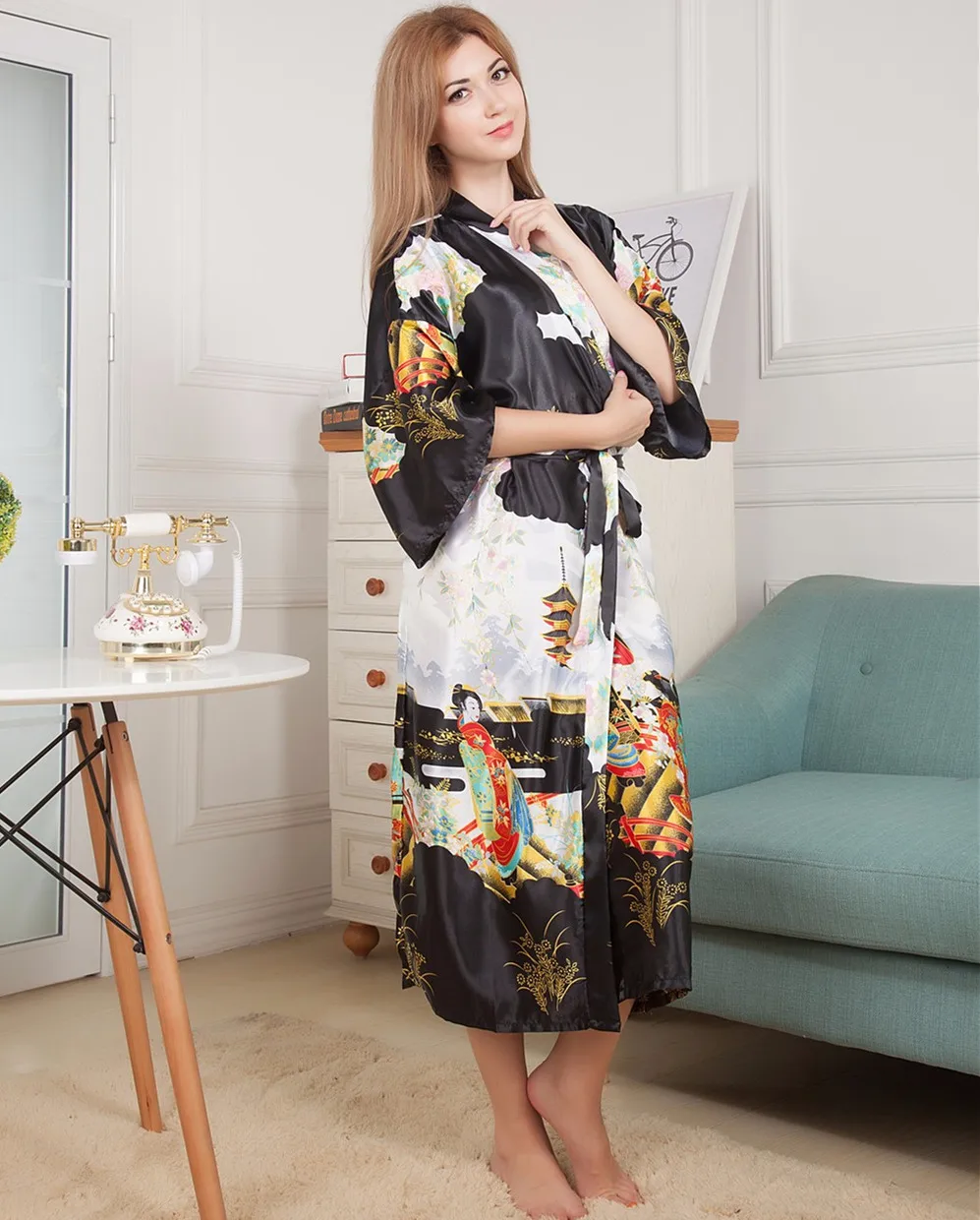 Женский халат кимоно черный из вискозы ночная рубашка пижама один размер Mdn011