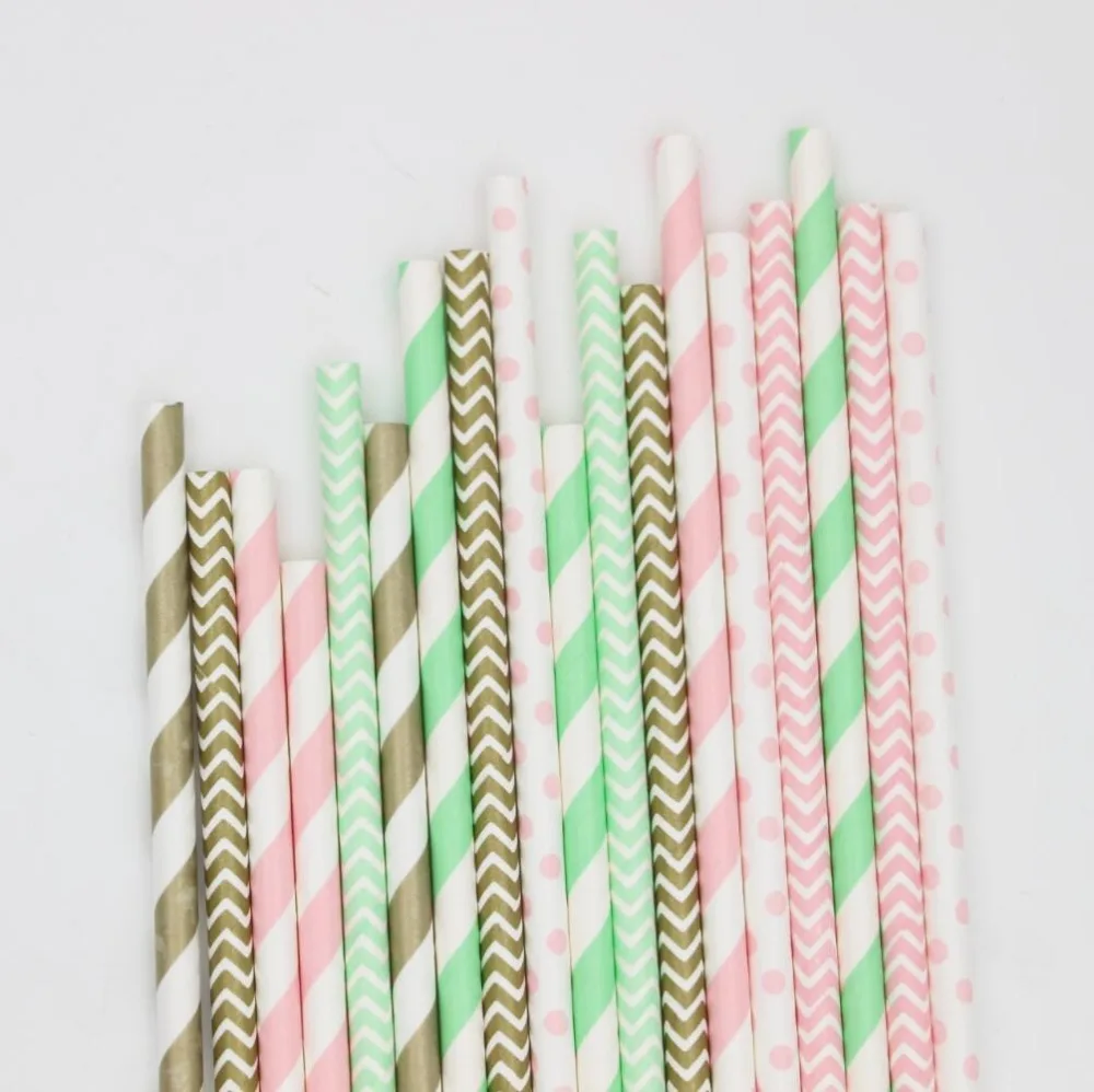 (75 шт./лот) розовая Мятная и золотая бумага соломинки Весенние Свадебные