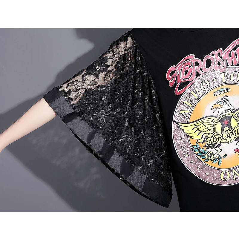 2017 новое лето красивые женщины печати кружева свободные футболки новинка Batwing