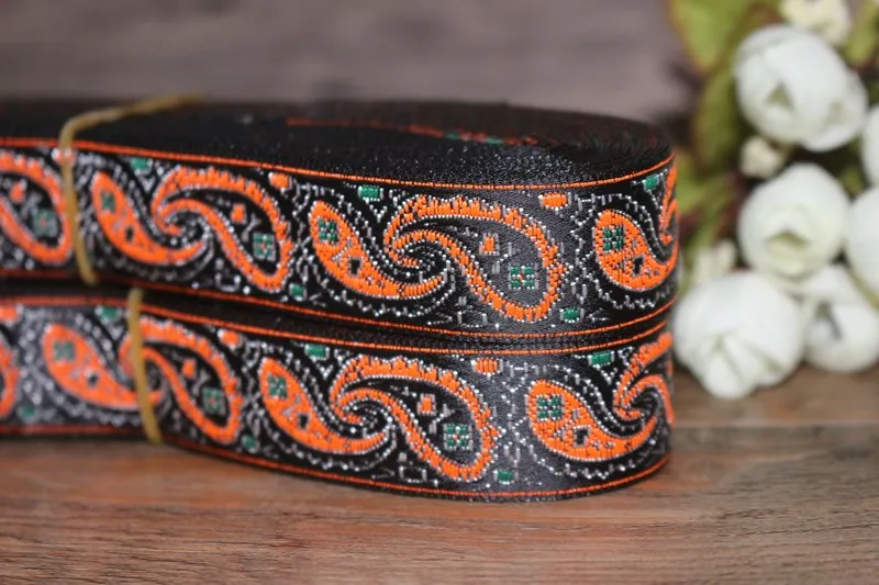 10yards/lots Woven Jacquard Ribbon 2.4cm  black background orange paisley pattern LS-3506